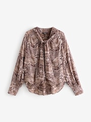 Brown Snake Print Long Sleeve Tie Neck Blouse - Image 4 of 5