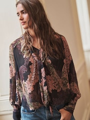Purple Paisley Print Long Sleeve Tie Neck Blouse - Image 1 of 6
