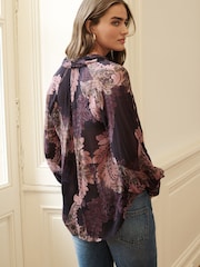 Purple Paisley Print Long Sleeve Tie Neck Blouse - Image 2 of 6