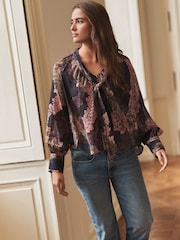 Purple Paisley Print Long Sleeve Tie Neck Blouse - Image 3 of 6