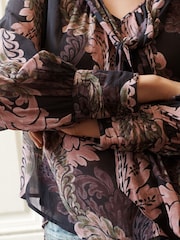 Purple Paisley Print Long Sleeve Tie Neck Blouse - Image 4 of 6