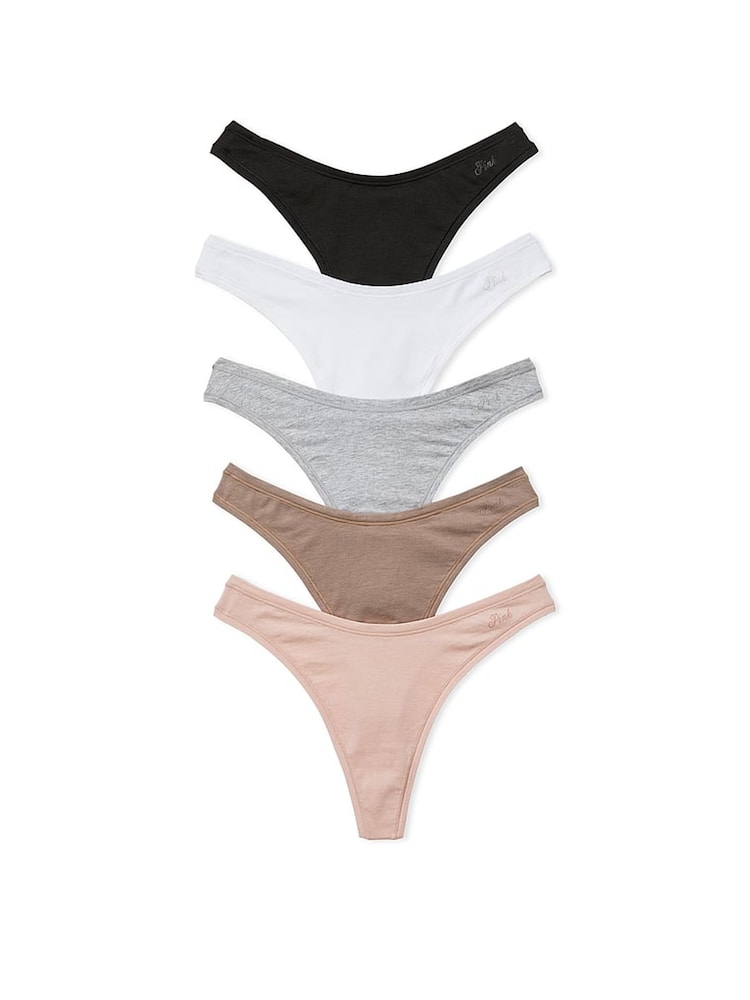 PINK Black/Grey/White/Brown/Pink Thong 5 Pack Knickers - Image 1 of 3