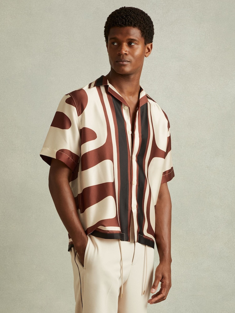 Reiss Rust/Navy Tom Relaxed Printed Cuban Collar Shirt - Image 1 of 6