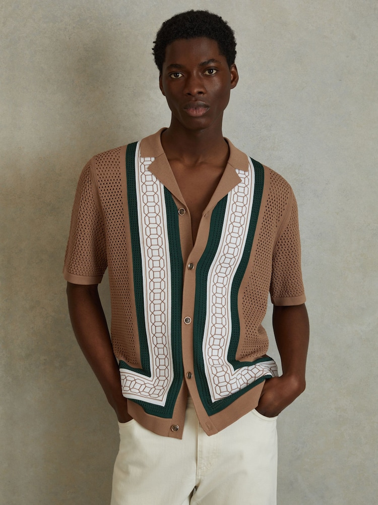 Reiss Camel/Green Jensen Embroidered Cuban Collar Shirt - Image 1 of 6