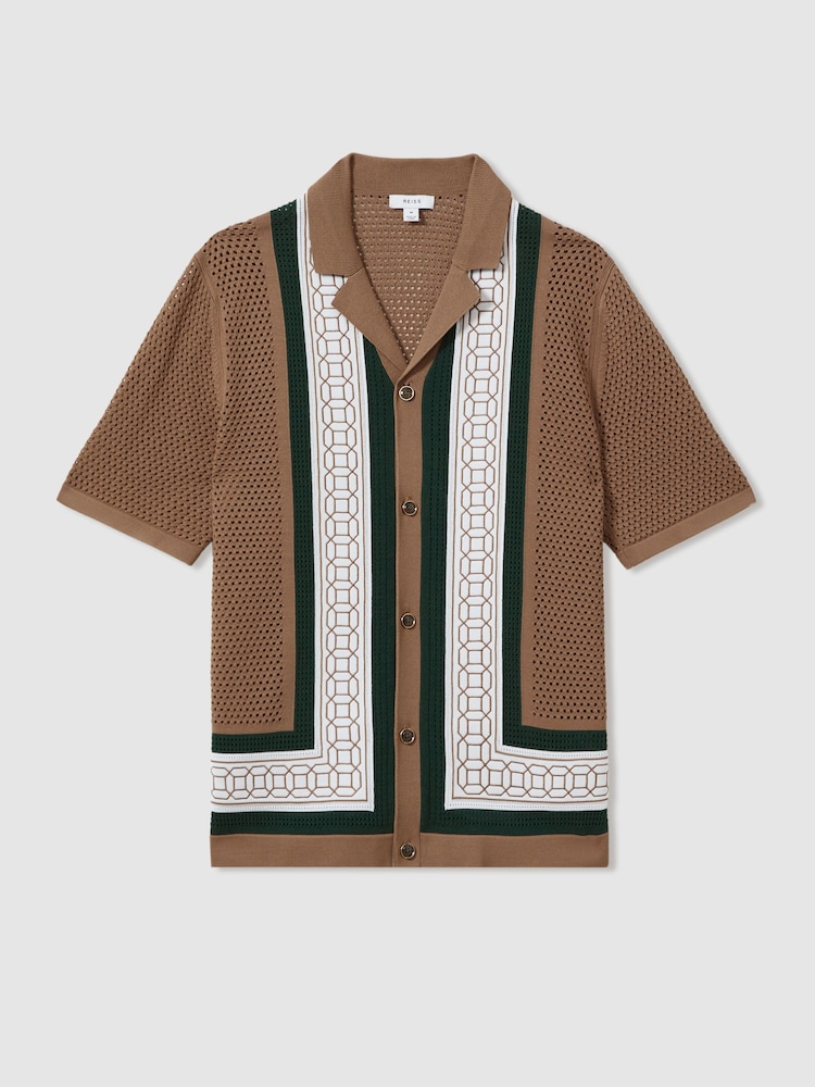 Reiss Camel/Green Jensen Embroidered Cuban Collar Shirt - Image 2 of 6