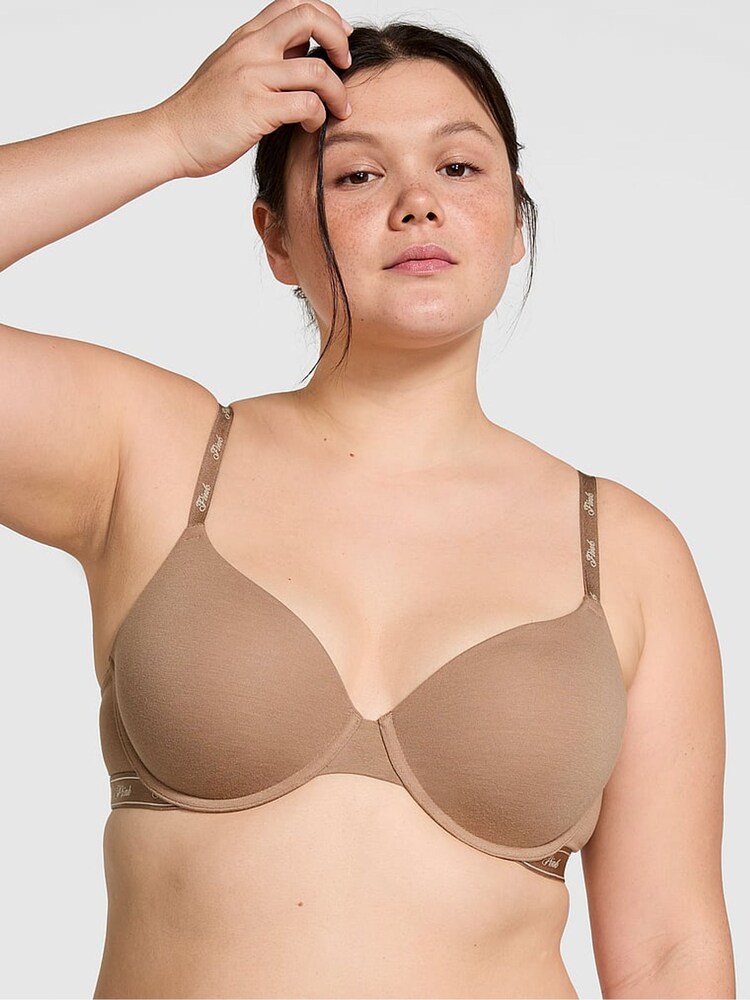Victoria's Secret PINK Brown Latte Lightly Lined Demi Cotton Logo Bra - Image 1 of 1