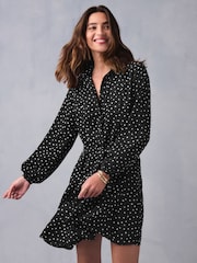 Monochrome Polka Dot Tie Bow Long Sleeve Mini Dress - Image 1 of 8