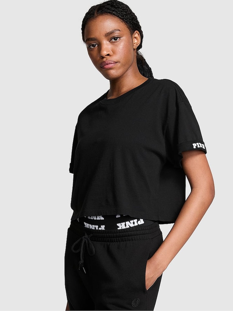 Zwart - Victoria's Secret PINK - Oversized cropped T-shirt met korte mouwen - Image 1 of 3