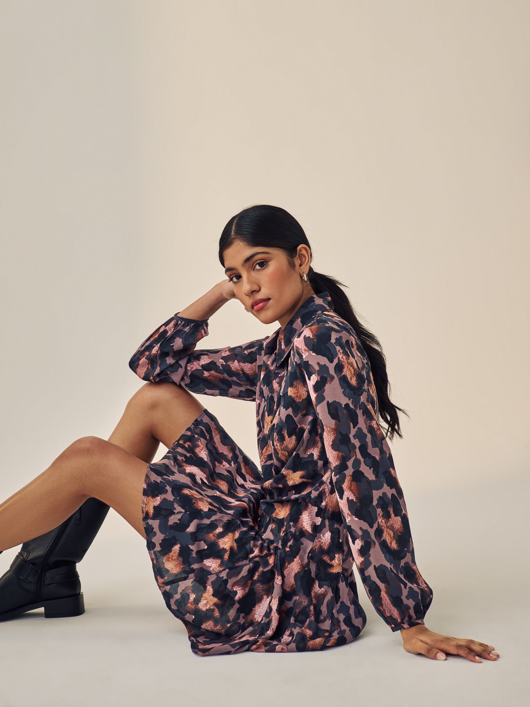 Buy Purple Animal Print Tie Bow Long Sleeve Mini Dress from Next Luxembourg