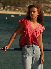 Red Sleeveless Ruffle V-Neck Top - Image 1 of 5