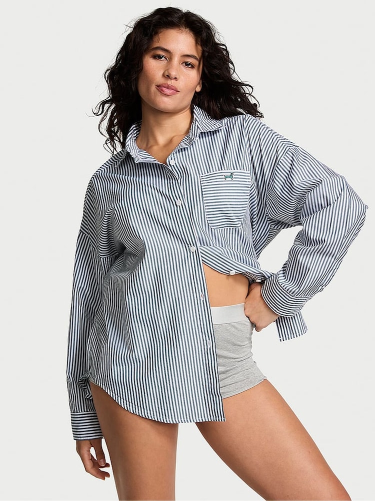 Victoria's Secret PINK Green Forest Stripe Cotton Oversized Night Shirt - Image 1 of 3