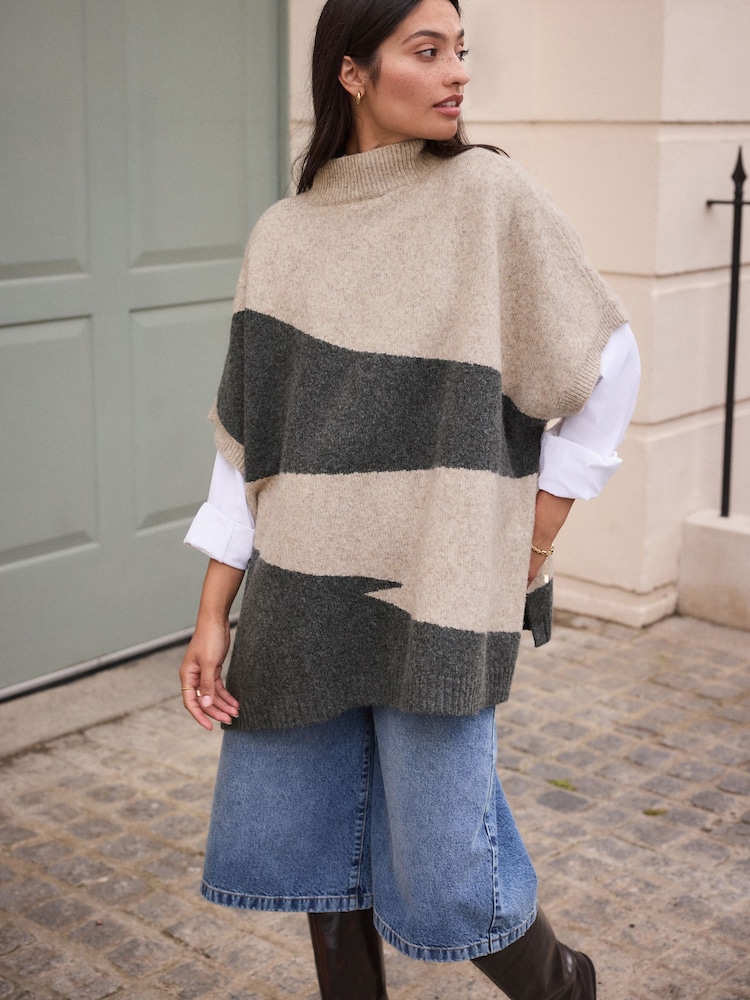 Oatmeal/Charcoal Grey Abstract Knit Poncho - Image 1 of 7