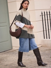 Oatmeal/Charcoal Grey Abstract Knit Poncho - Image 2 of 7