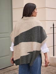 Oatmeal/Charcoal Grey Abstract Knit Poncho - Image 4 of 7