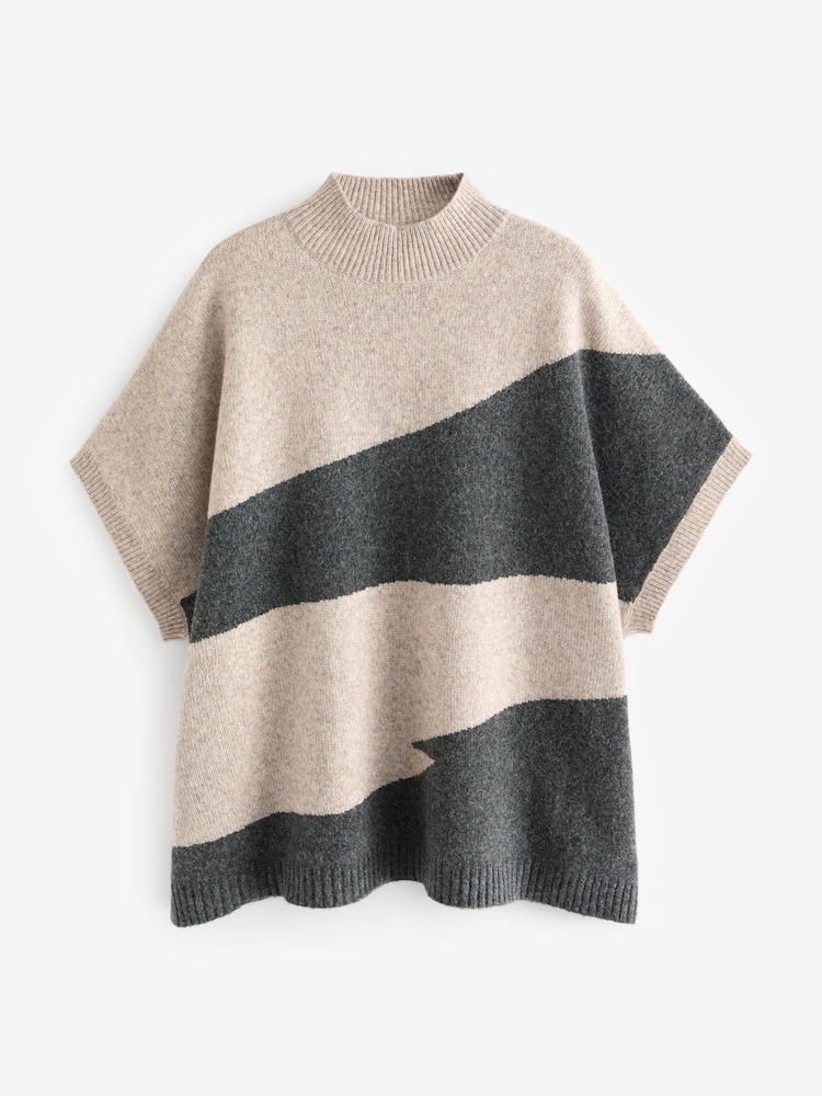 Oatmeal/Charcoal Grey Abstract Knit Poncho - Image 6 of 7