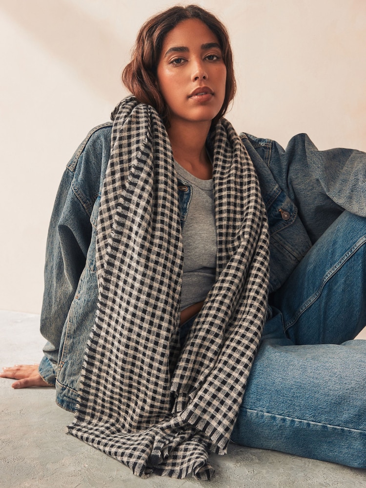 Black/White Gingham Midweight Scarf - Image 1 of 5 Black/White Gingham Midweight Scarf - Image 1 of 5