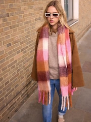 Pink/Ochre Check Heavyweight Blanket Scarf - Image 1 of 8