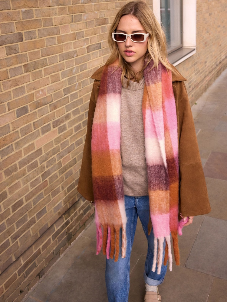 Pink/Ochre Check Heavyweight Blanket Scarf - Image 1 of 8