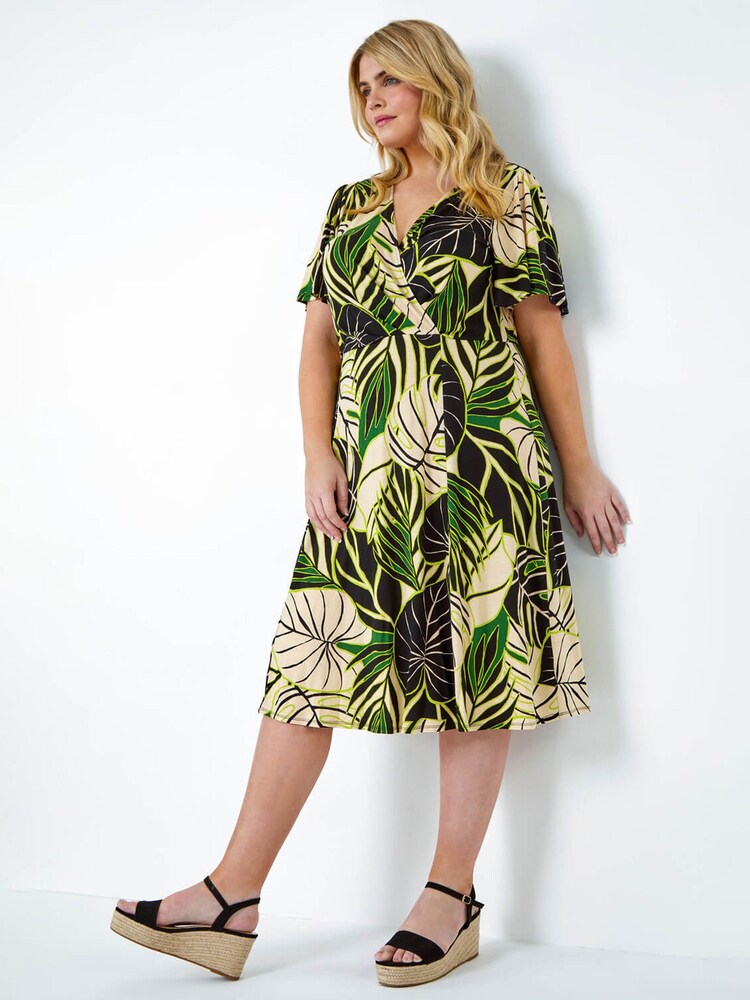 Roman Green Tropical Leaf Stretch Wrap Dress - Image 1 of 5