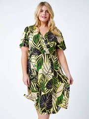 Roman Green Tropical Leaf Stretch Wrap Dress - Image 3 of 5