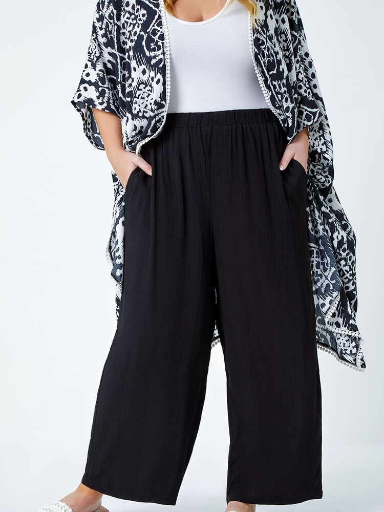 Roman Black Plain Crinkle Wide Leg Trousers - Image 1 of 5