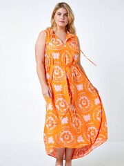 Roman Orange Tie Dye Print Tie Neck Midi Dress - Image 1 of 5
