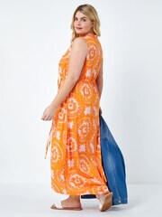 Roman Orange Tie Dye Print Tie Neck Midi Dress - Image 2 of 5
