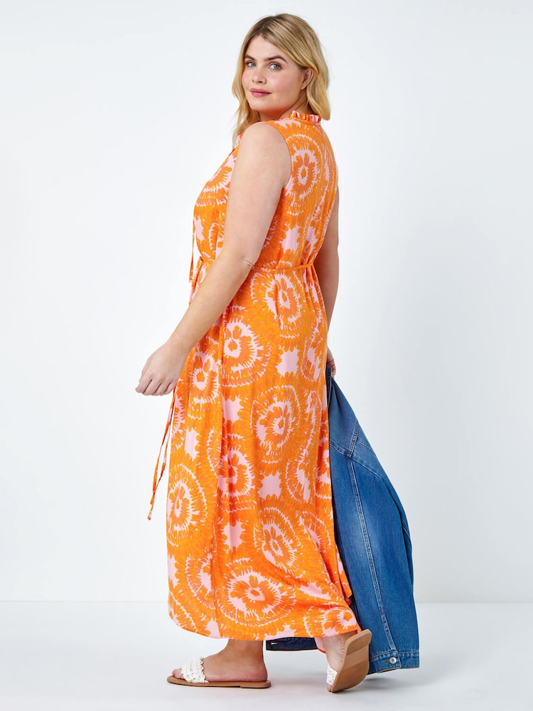 Roman Orange Tie Dye Print Tie Neck Midi Dress - Image 2 of 5