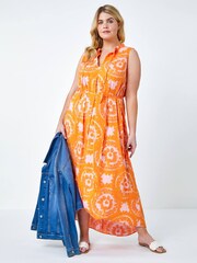 Roman Orange Tie Dye Print Tie Neck Midi Dress - Image 3 of 5