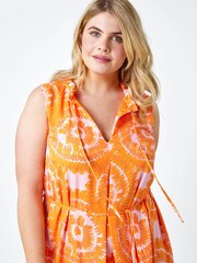 Roman Orange Tie Dye Print Tie Neck Midi Dress - Image 4 of 5