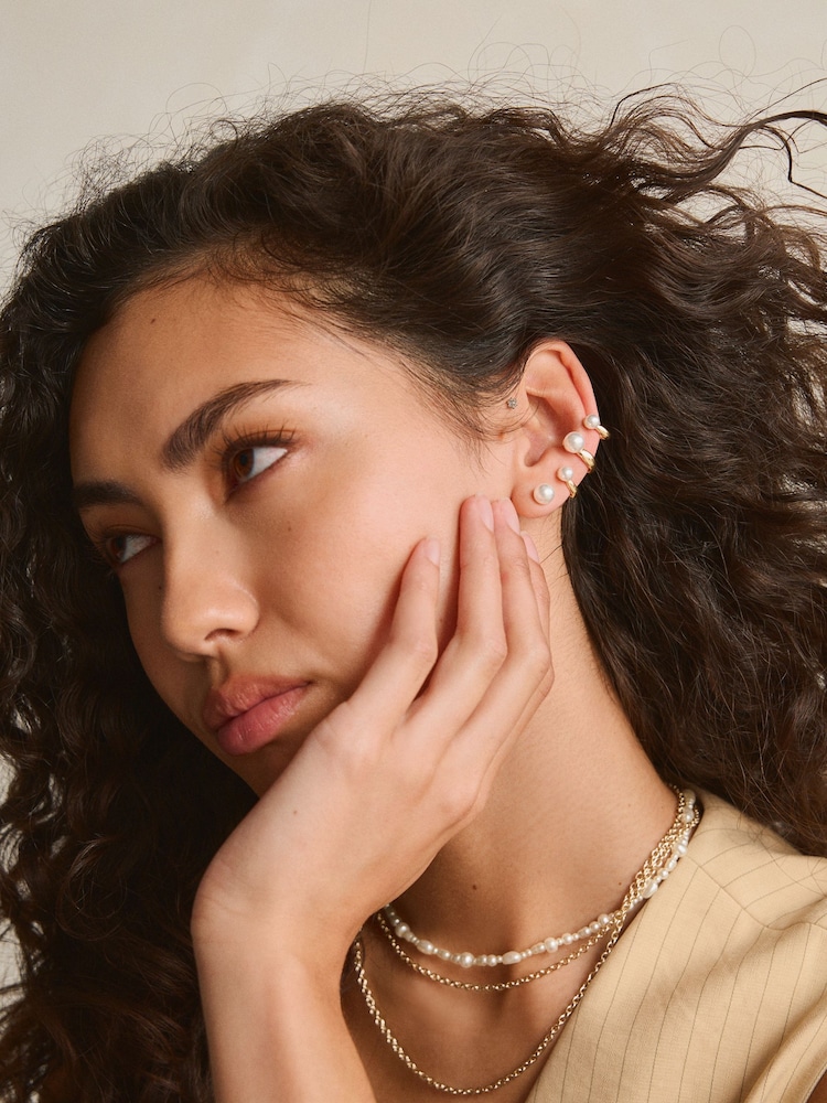 Gold Tone Pearl Crawler Stud Earrings Made With Recycled Zinc - Image 4 of 4