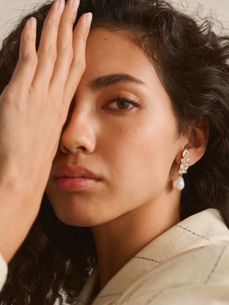 Gold Tone Pearl Over The Lobe Stud Earrings Made With Recycled Zinc - Image 2 of 5