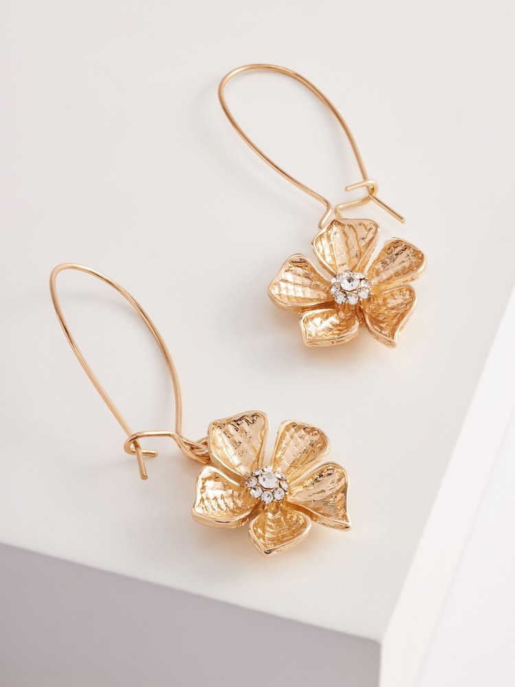Gold Tone Flower Pull Through Earrings Made With Recycled Zinc - Image 3 of 3 Gold Tone Flower Pull Through Earrings Made With Recycled Zinc - Image 3 of 3
