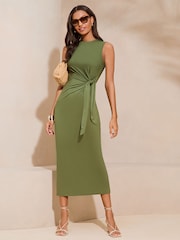 Lipsy Khaki Green Sleeveless Racer Tie Side Jersey Midi Dress - Image 1 of 4