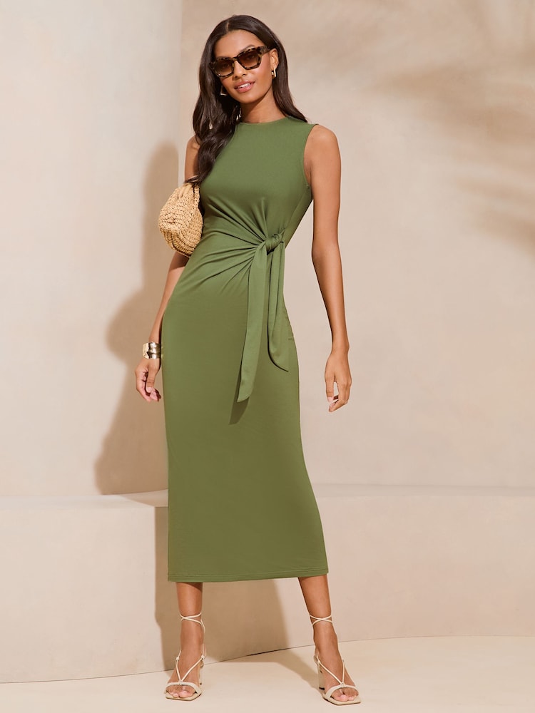 Lipsy Khaki Green Sleeveless Racer Tie Side Jersey Midi Dress - Image 1 of 4