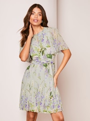 Lipsy Green Floral Print Short Flutter Sleeve Pleated Mini Dress - Image 1 of 4