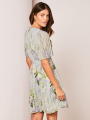 Lipsy Green Floral Print Short Flutter Sleeve Pleated Mini Dress - Image 2 of 4