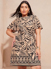 Lipsy Camel Curve Short Sleeve Round Neck Tie Waist Shift Dress - Image 1 of 4