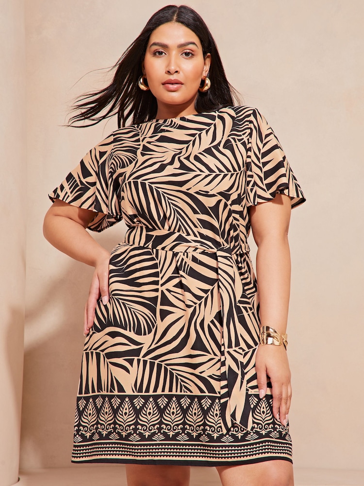 Lipsy Camel Curve Short Sleeve Round Neck Tie Waist Shift Dress - Image 1 of 4