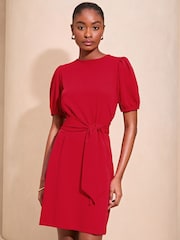 Lipsy Red Short Sleeve Round Neck Tie Waist Shift Dress - Image 1 of 4