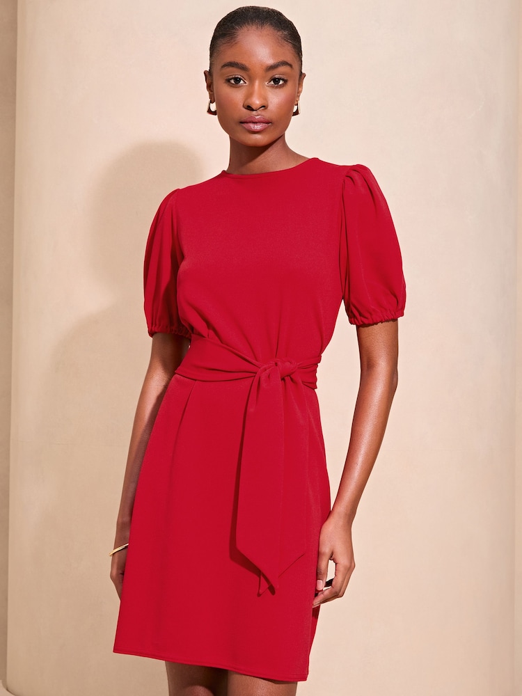 Lipsy Red Short Sleeve Round Neck Tie Waist Shift Dress - Image 1 of 4