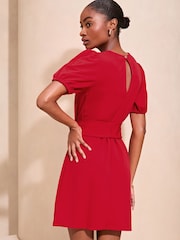 Lipsy Red Short Sleeve Round Neck Tie Waist Shift Dress - Image 2 of 4