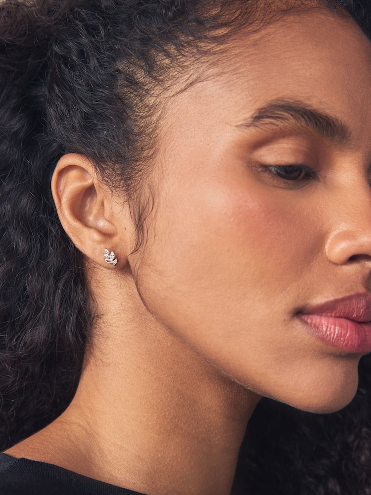 Sterling Silver Leaf Cubic Zirconia Stud Earrings - Image 1 of 3