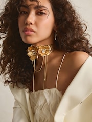 Gold Tone Chunky Flower Choker Necklace Made With Recycled Iron - Image 1 of 6
