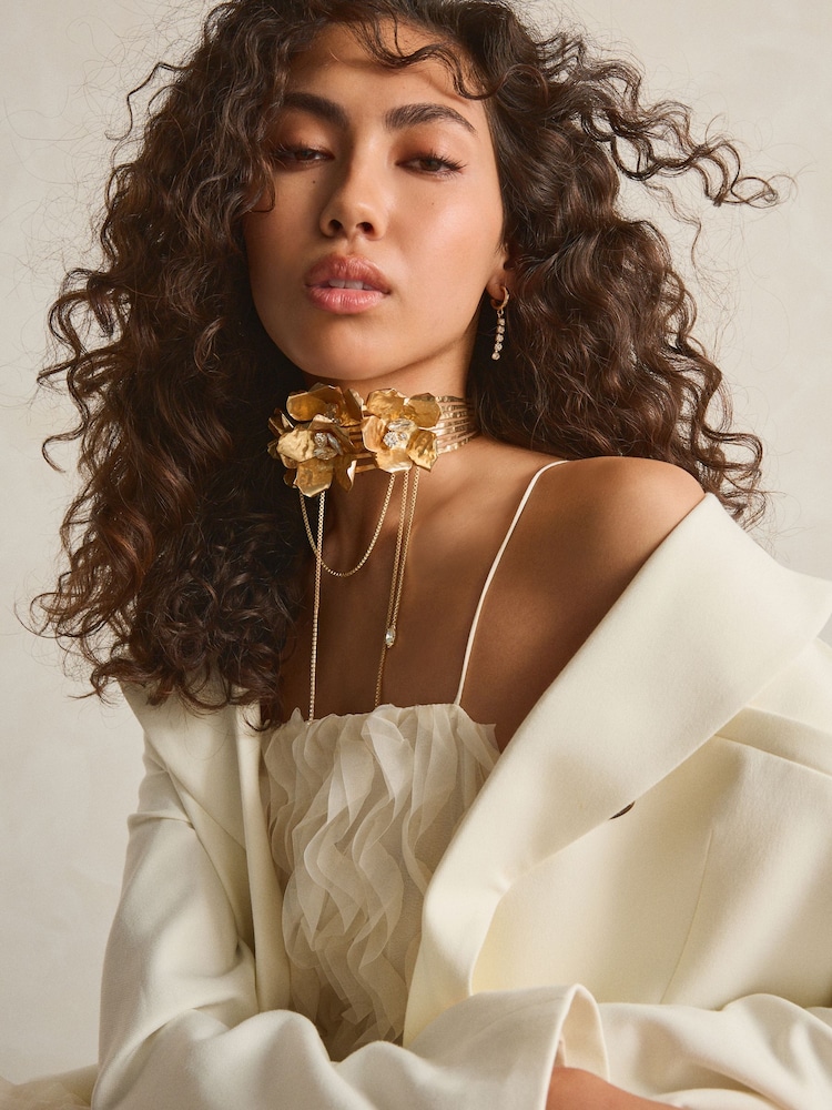 Gold Tone Chunky Flower Choker Necklace Made With Recycled Iron - Image 2 of 6