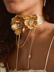 Gold Tone Chunky Flower Choker Necklace Made With Recycled Iron - Image 4 of 6