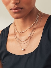 Gold Tone Multilayer Pearl Chain Necklace Made With Recycled Brass And Steel - Image 1 of 4