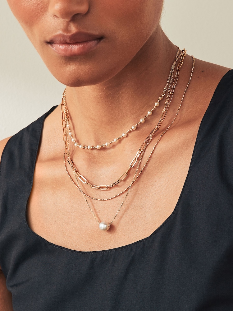 Gold Tone Multilayer Pearl Chain Necklace Made With Recycled Brass And Steel - Image 1 of 4