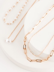 Gold Tone Multilayer Pearl Chain Necklace Made With Recycled Brass And Steel - Image 4 of 4