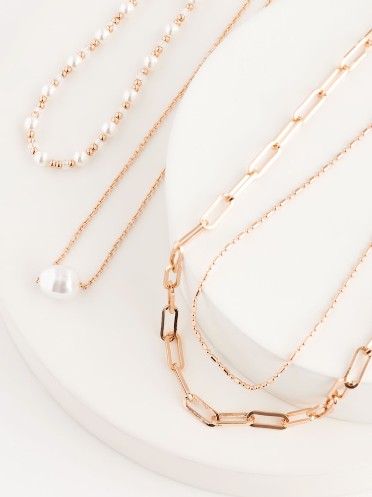 Gold Tone Multilayer Pearl Chain Necklace Made With Recycled Brass And Steel - Image 4 of 4